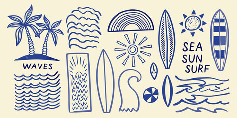 Collection of hand drawn blue line art summer beach icons including palm trees waves sun surfboards and sun on cream background