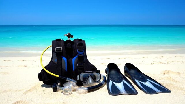 Scuba Diving Gear on a Tropical Beach with Turquoise Ocean.