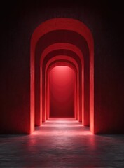Fototapeta premium Dimly lit arched corridor with red glow and textured walls.