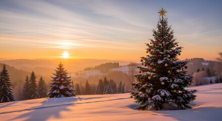 Snow covered evergreen trees on a hillside at sunrise with warm golden light