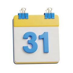 Yellow and white calendar with blue binder clips showing 31 isolated on a transparent background number 31