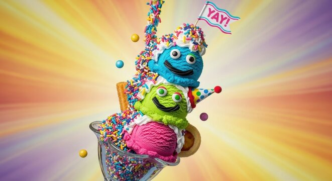 A fun, lighthearted take on the sundae. Joyful, childlike, humorous. vibrant, contrasting colors in the background. creative prop like a small flag  decorative decorative background elements