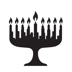 Black silhouette of a nine-branched menorah with lit candles on a white background hanukkah light