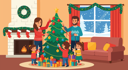 Flat vector of joyful family decorating Christmas tree with ornaments and lights at cozy home, symbolizing love, warmth, and holiday spirit
