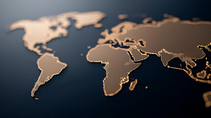 Abstract world map visualization showcasing interconnectedness. Golden landmasses are highlighted against a dark backdrop, emphasizing global networks & connections.