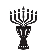 Black silhouette of a seven-branched menorah with flames atop a djembe drum with decorative patterns