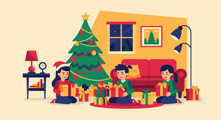 Flat vector of excited kids opening Christmas gifts under tree in bright morning light, joyful family holiday celebration