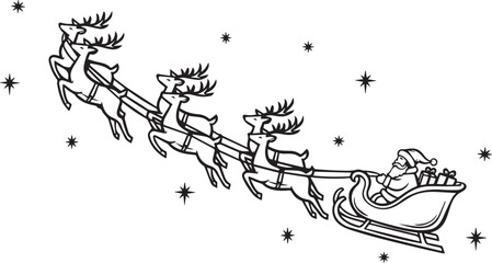 Classic black and white illustration of santa claus flying in his sleigh pulled by reindeer through a starry night sky