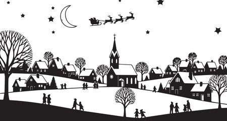 Whimsical black and white illustration of a snowy village at night with santa claus flying in his sleigh above the moonlit sky