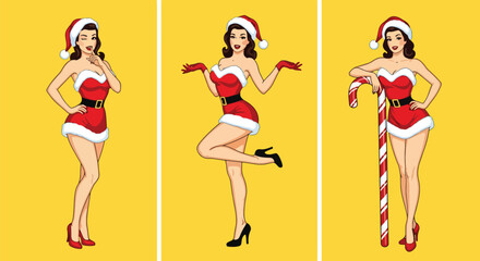 Vector art of three pin-up sexy women in festive Santa dresses and hats posing cheerfully on a bright background, ideal for Christmas marketing, holiday invitations, or seasonal promotions