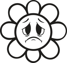 Sad flower character illustration with downturned mouth showing sorrow in black and white