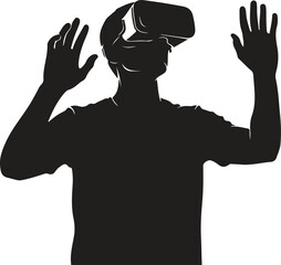 Silhouette of a man wearing VR headset experiencing virtual reality with raised hands