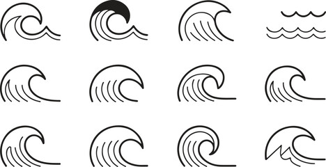 Set of Hand Drawn Wave Illustrations for Ocean Beach or Water Design Elements