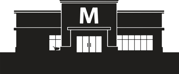 Silhouette of a Shopping Center with the Letter M and a Shopping Cart Symbol