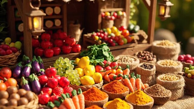 Vibrant Market Stall with Fresh Produce and Aromatic Spices.