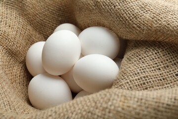 Many raw chicken eggs in sack, closeup