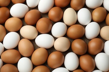 Many raw chicken eggs on table, top view