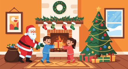 Flat style vector of Santa delivering gifts to happy kids beside warm fireplace, joyful Christmas Eve indoor celebration