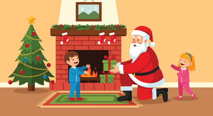 Flat style vector of Santa delivering gifts to happy kids beside warm fireplace, joyful Christmas Eve indoor celebration