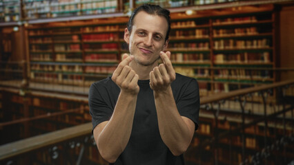 Man making finger heart gesture with bare fingers in library building framed by bookshelves;...