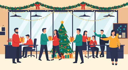 Flat vector of colleagues exchanging Christmas presents in decorated office, cheerful holiday teamwork concept