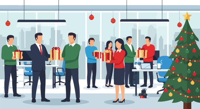 Flat vector of colleagues exchanging Christmas presents in decorated office, cheerful holiday teamwork concept