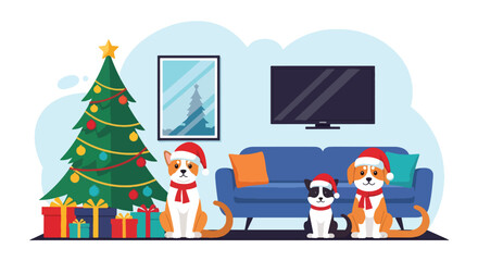 Flat vector of adorable pets in Santa hats sitting beside Christmas tree with wrapped gifts, cheerful holiday pet theme
