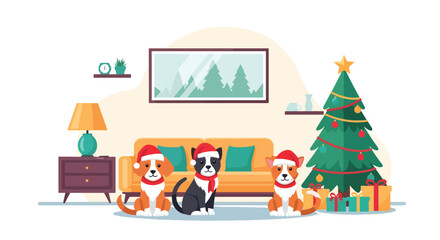 Flat vector of adorable pets in Santa hats sitting beside Christmas tree with wrapped gifts, cheerful holiday pet theme