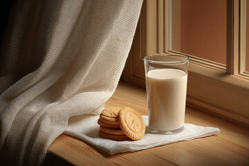 Breakfast concept with glass of milk and oatmeal cookies on a white napkin, morning light through window.