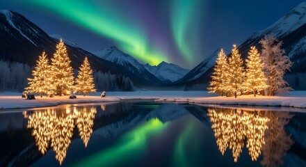 Magical winter landscape with illuminated christmas trees under the aurora borealis