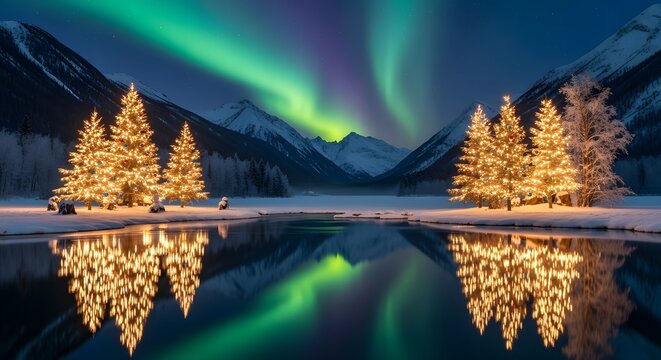Magical winter landscape with illuminated christmas trees under the aurora borealis - Powered by Adobe