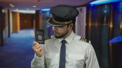 Pilot in uniform holds italian passport in hotel corridor, showcasing travel themes with a focus on...