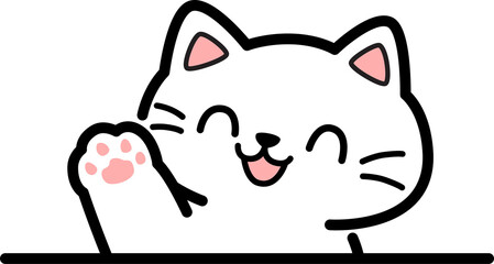 Cute hand drawn cartoon white cat waving paw illustration