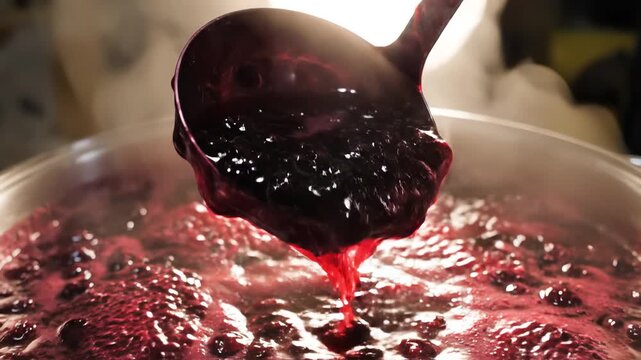 Hand stirring vigorously boiling berry jam in a stainless steel pot on the stovetop, thick bubbling surface and rising steam during homemade preserve cooking, skimming foam