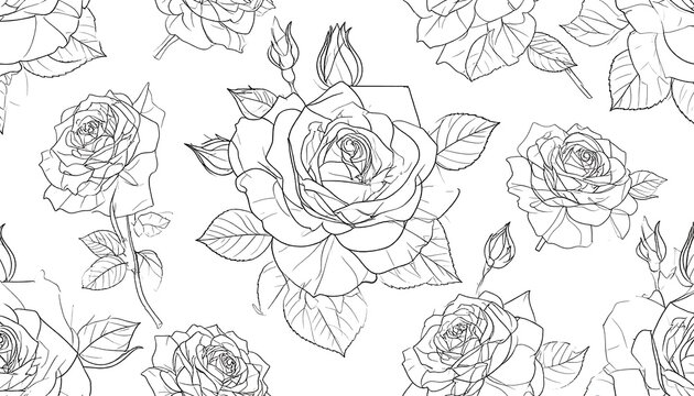 Elegant monochrome floral pattern of roses on a white background