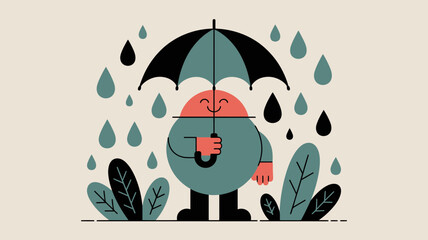 Chubby cartoon character holding a black and teal umbrella protecting itself from falling raindrops and surrounded by green foliage