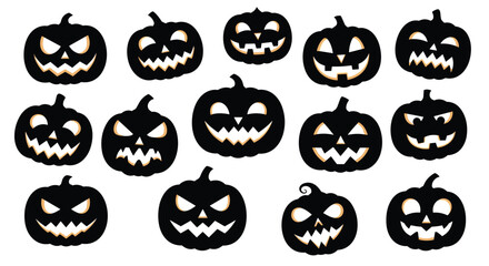 A collection of carved jack o lantern pumpkins with glowing faces.