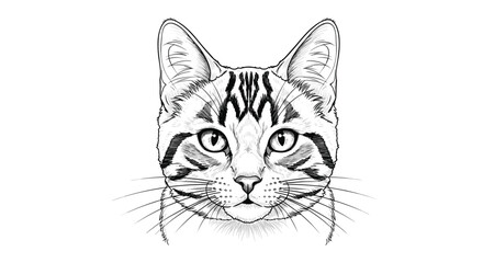 A close up black and white illustration of a cat face with tabby markings.