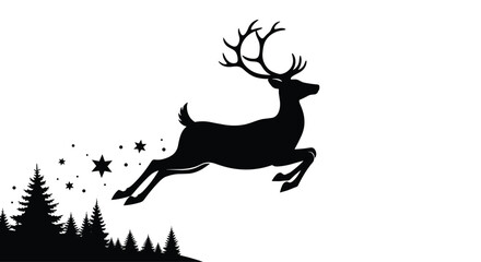 Obraz premium A majestic stag leaps through a starry night above a silhouette of pine trees.