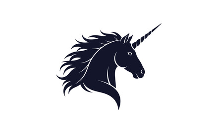 A striking dark silhouette of a unicorn head with a flowing mane against a white background.