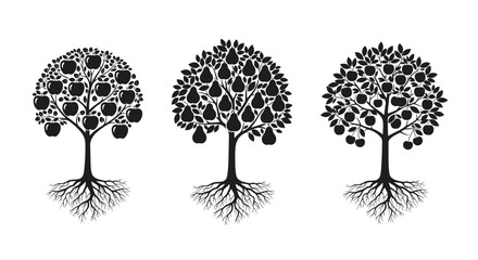 Three stylized trees with visible root systems and different fruit