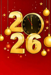 New Year 2026 celebration with golden numbers and clock on red background, copy space