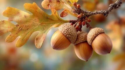 Illuminated autumn park: the dance of oak leaves and acorns. Bright colors. Radiant fall landscape: vivid oak leaves, acorns, and a tranquil stream. Copy space. Large format.