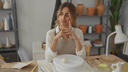 Young blonde woman sits at a pottery wheel wearing apron with clasped hands in artisan studio; contemplation focus patience.