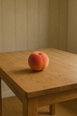 peach on table, sweet peach under warm light, juicy peach resting on rustic wooden surface