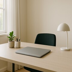 organized workspace setup, clean desk with decor elements, clutterfree desk with lighting and plant