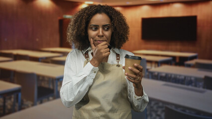 Woman in apron holds a coffee cup and touches chin in building classroom while considering a recipe note; thoughtful curiosity.