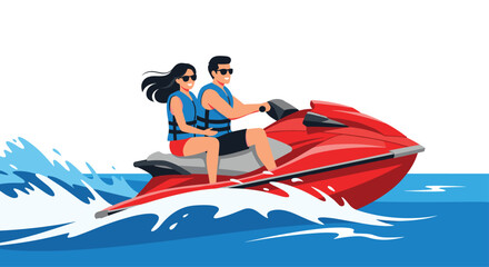 A couple enjoys a thrilling ride on a red jet ski across the blue water.