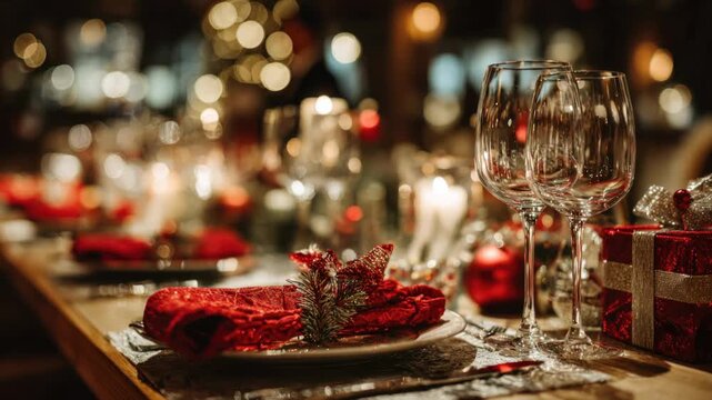 Elegant holiday dinner table setting with red decorations and twinkling lights