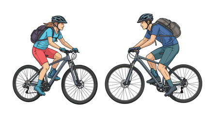 Obraz premium Two cyclists wearing helmets and backpacks riding bicycles.